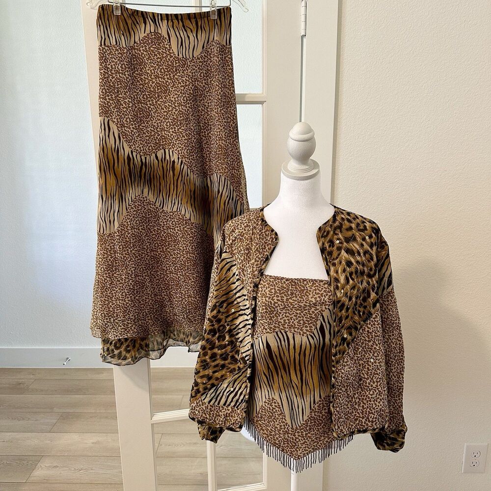 Rene Derhy Women Maxi Skirt Set Animal Print Top Beaded Hem Jacket Sz L *Read